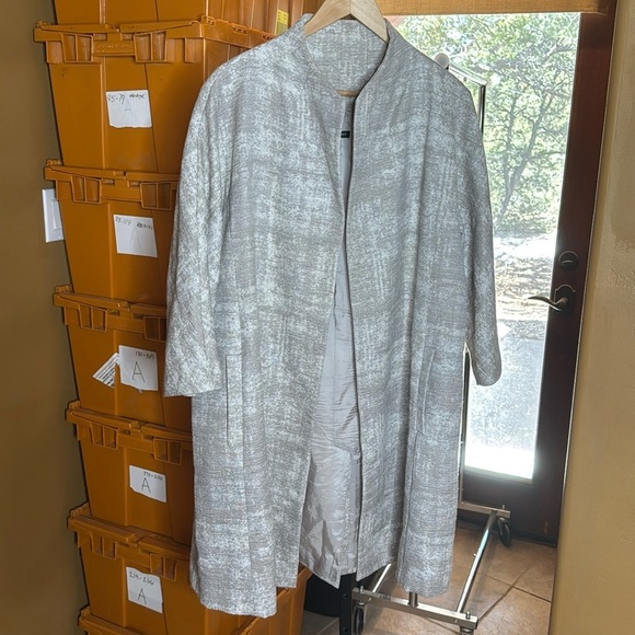 Eileen Fisher Taupe Silver Illusion Jacquard Open Front Long Coat Jacket XL - Picture 4 of 11